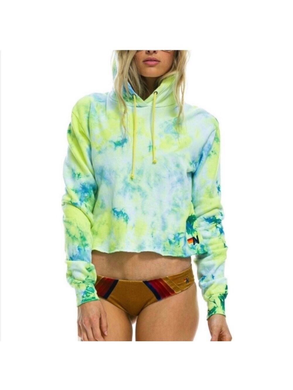 Aviator Nation Tie-Dye Hoodie Tie Dye Neon Yellow Size S Beach Cropped